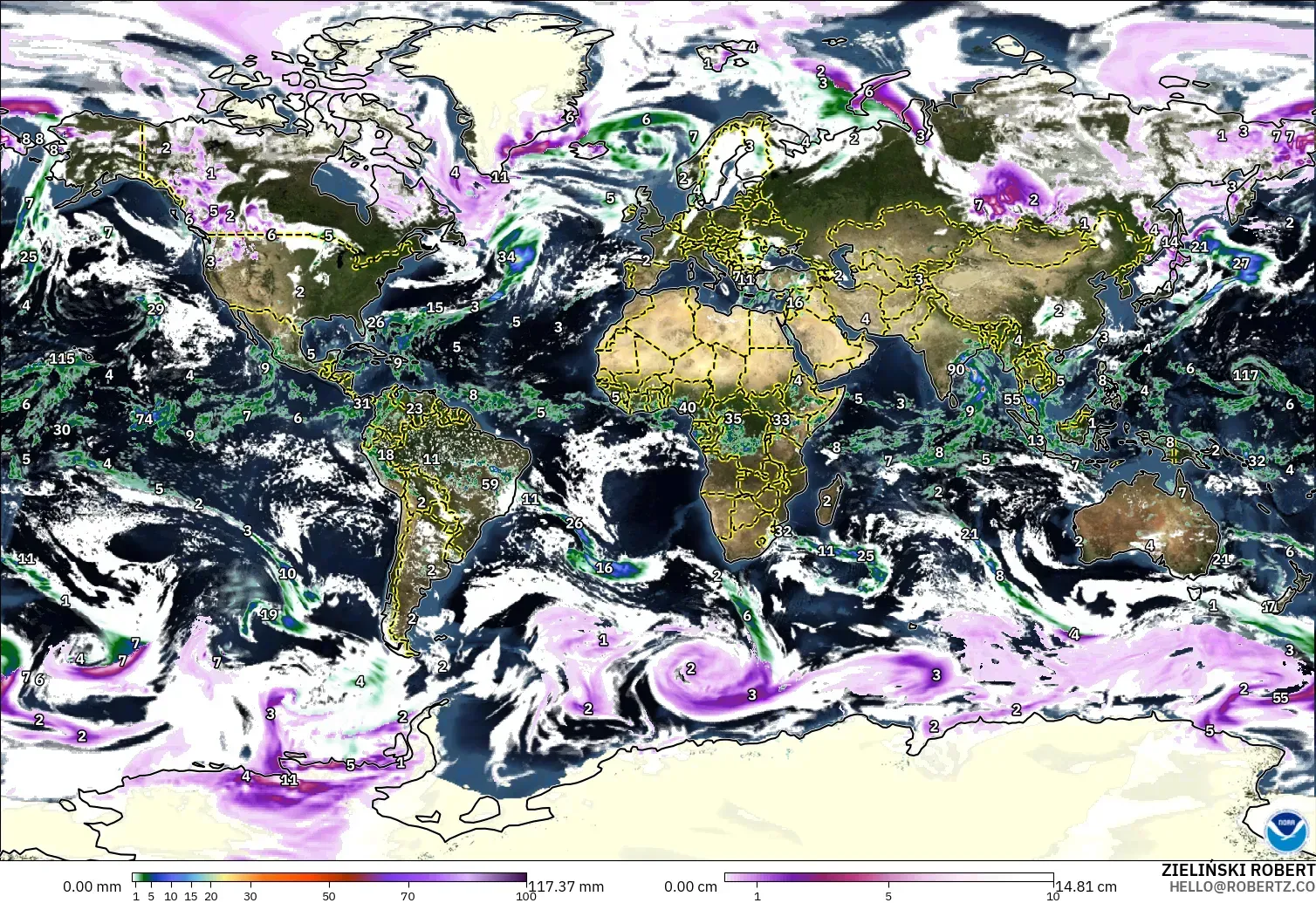 GFS modelo - Mundo, Precipitación, nubes y presión