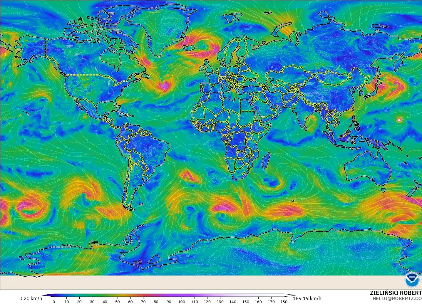 GFS modelo - Mundo, Viento a 10 m