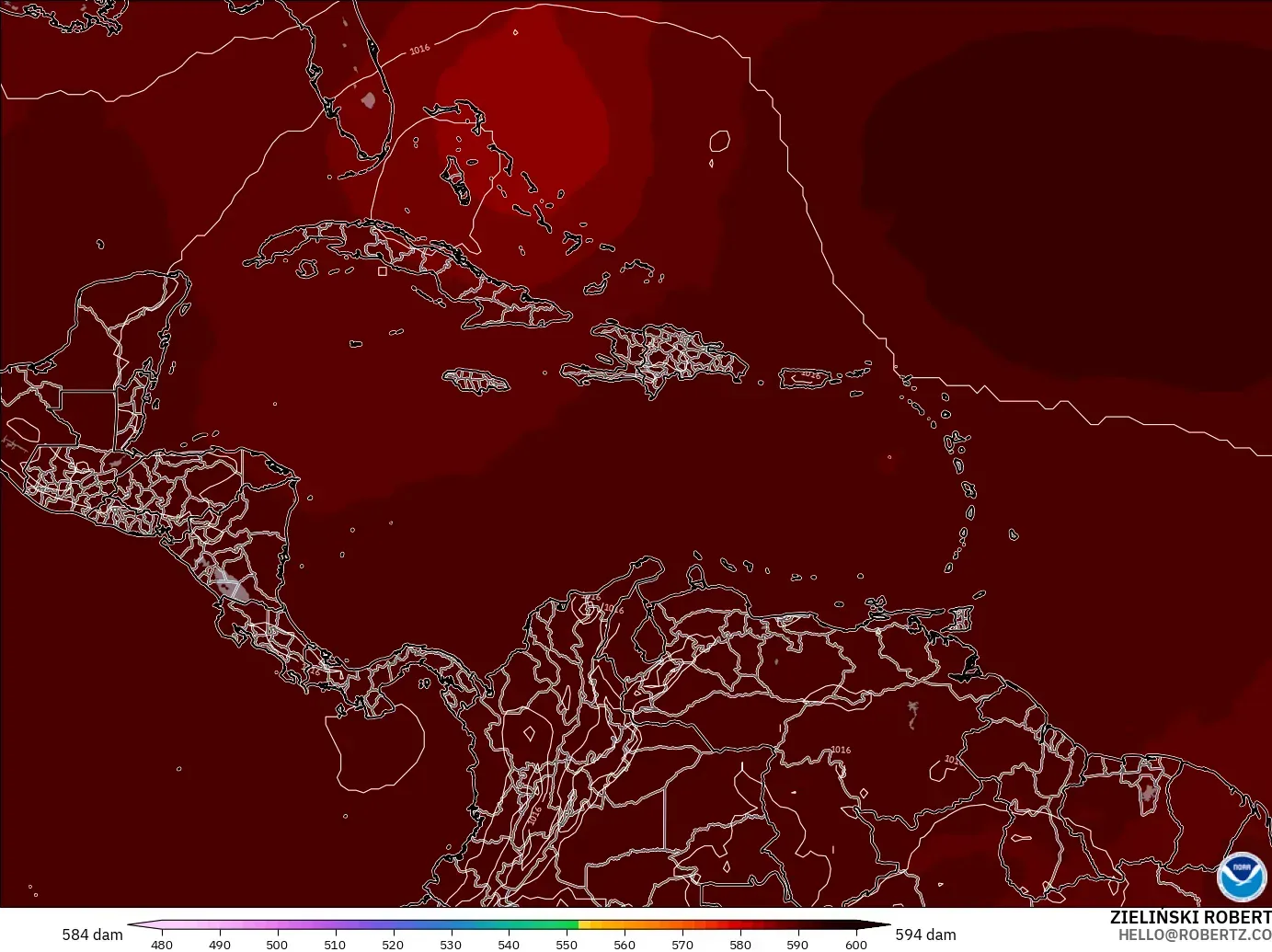 GFS modelo - Caribe, Altura geopotencial a 500 hPa