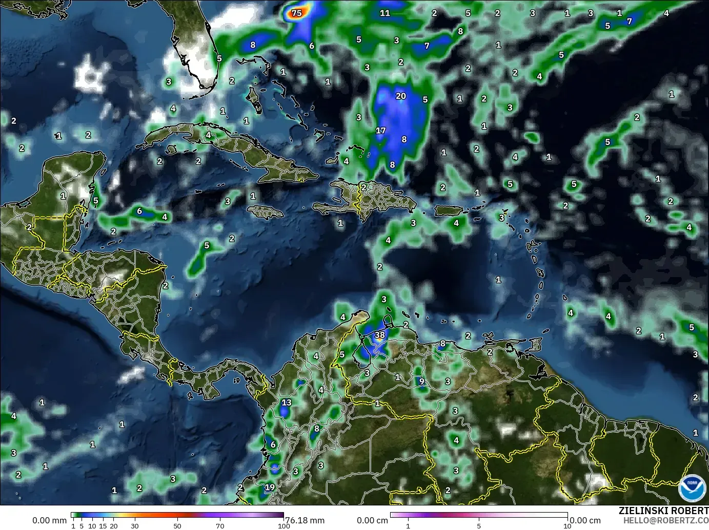 GFS modelo - Caribe, Precipitación, nubes y presión