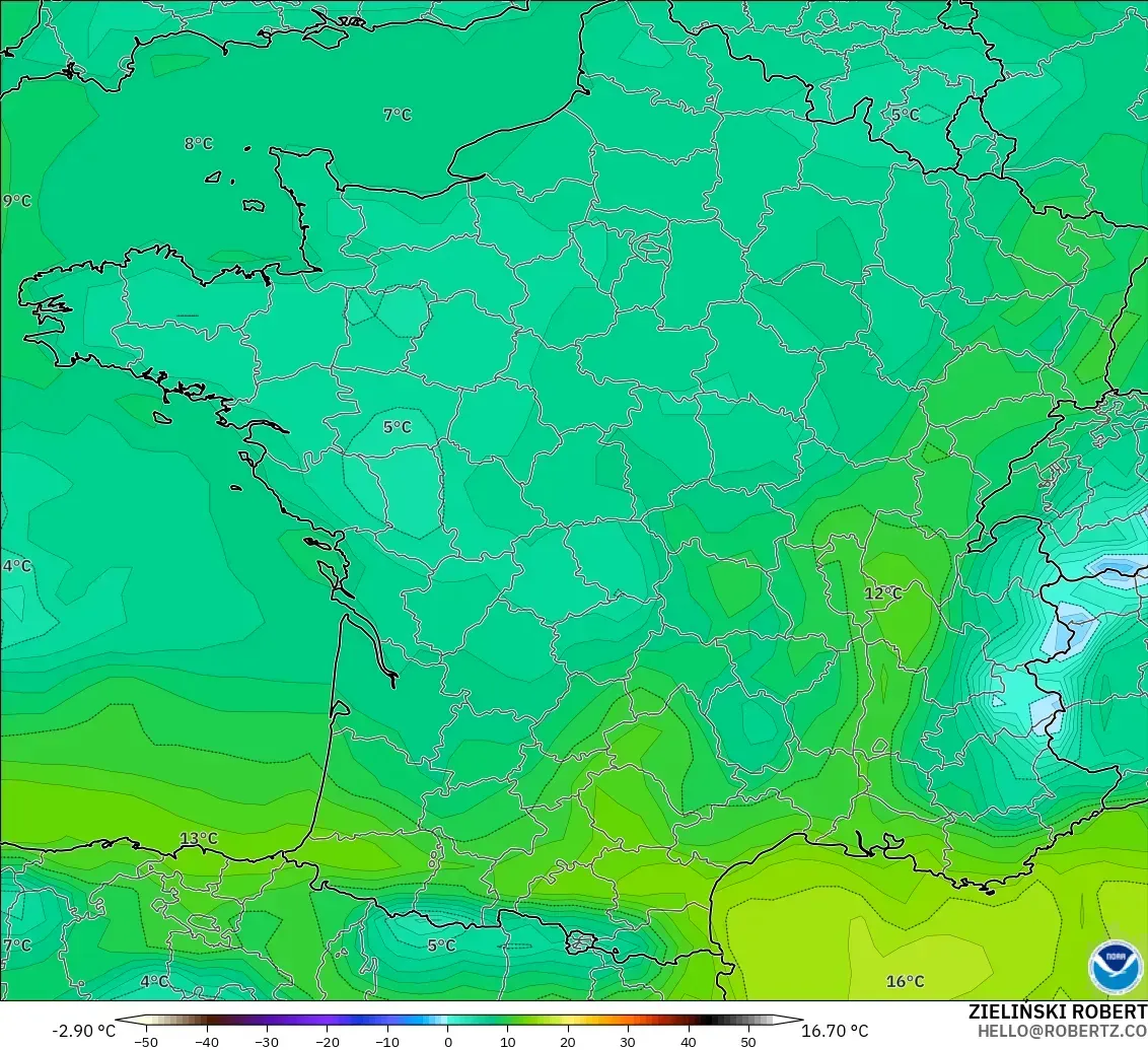 GFS modelo - Francia, Punto de rocío a 2 m