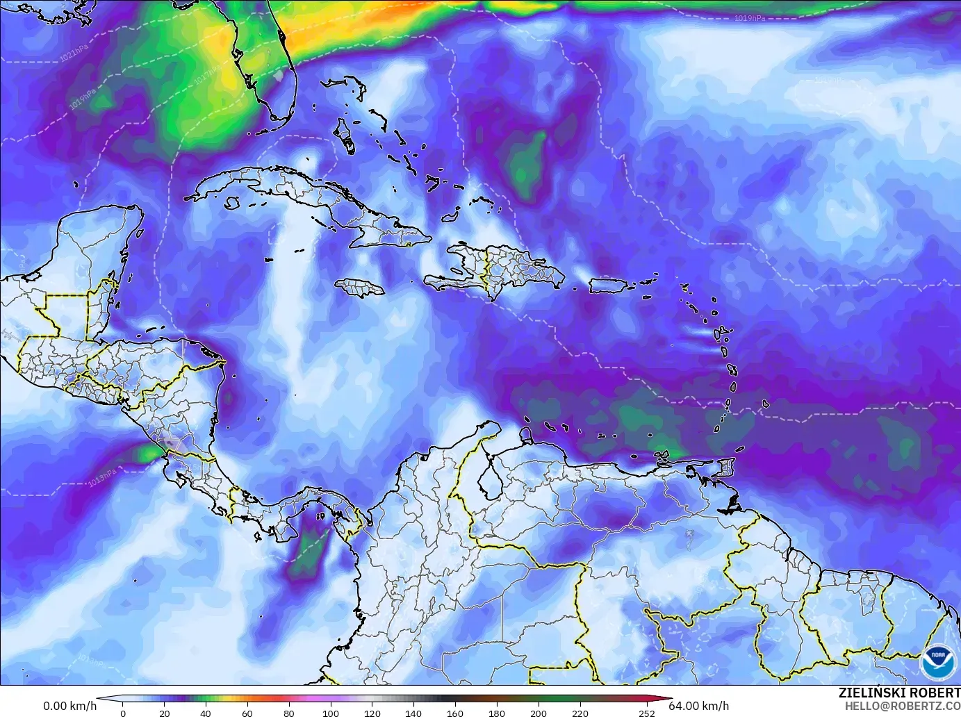 GFS modelo - Caribe, Ráfagas de viento