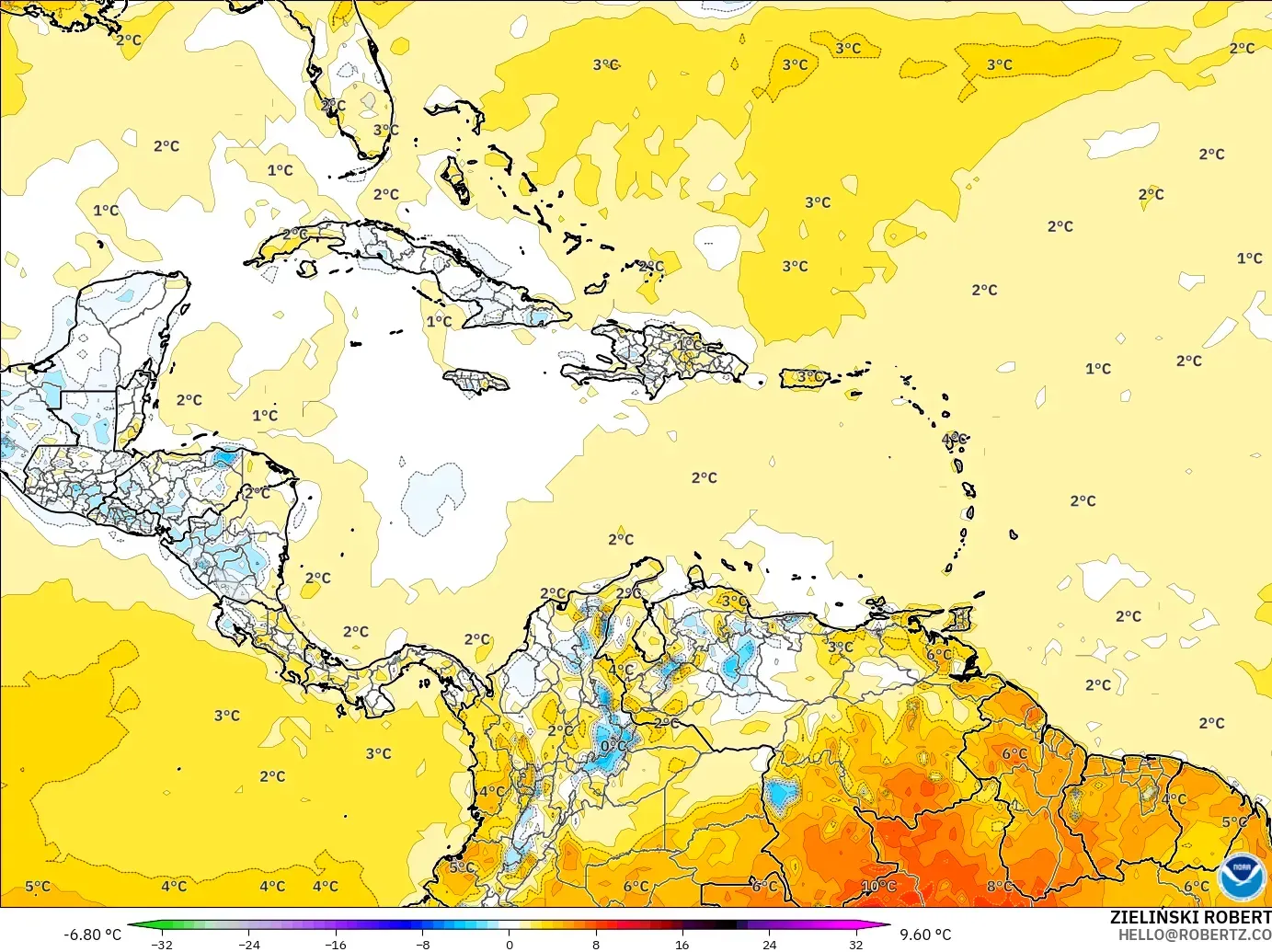 GFS modelo - Caribe, Anomalía de temperatura a 2 m