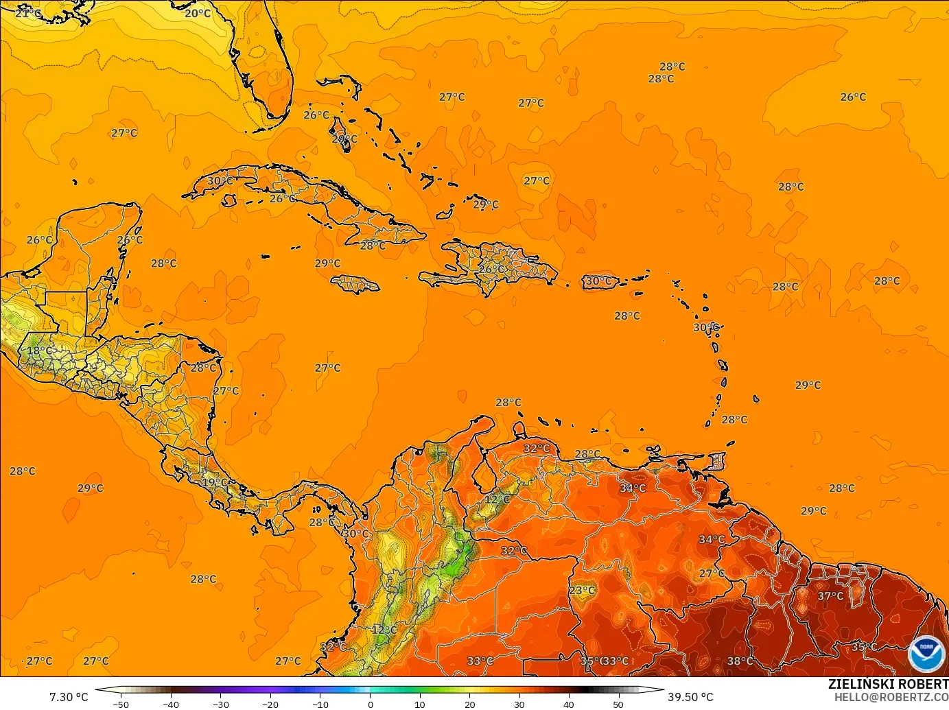 GFS modelo - Caribe, Temperatura a 2 m