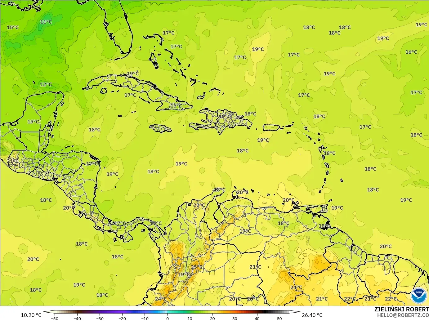 GFS modelo - Caribe, Temperatura a 850 hPa