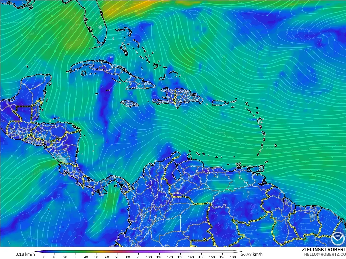 GFS modelo - Caribe, Viento a 10 m