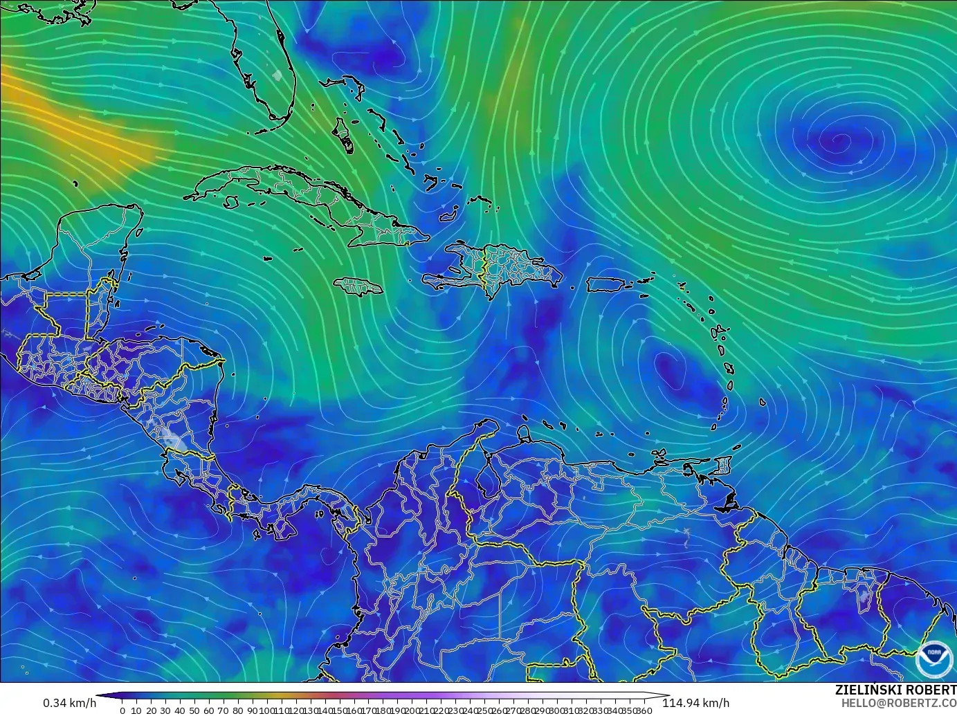 GFS modelo - Caribe, Viento a 300 hPa (corriente en chorro)