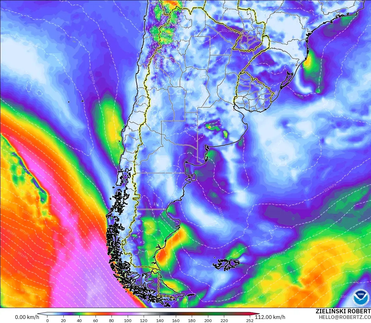 GFS modelo - Argentina, Ráfagas de viento