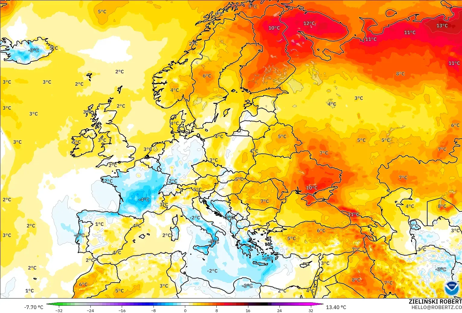 GFS modelo - Europa, Anomalía de temperatura a 2 m