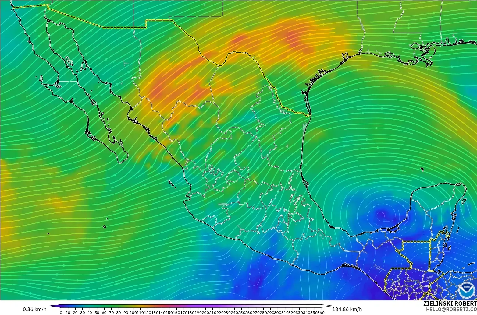 GFS modelo - México, Viento a 300 hPa (corriente en chorro)
