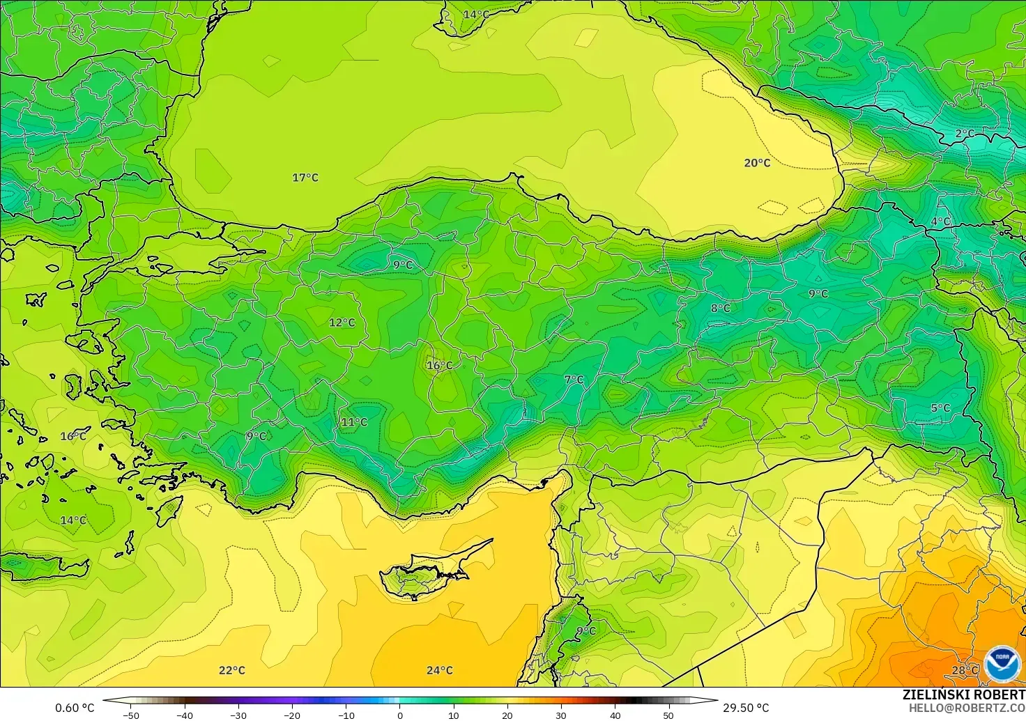 GFS modelo - Turquía, Temperatura a 2 m