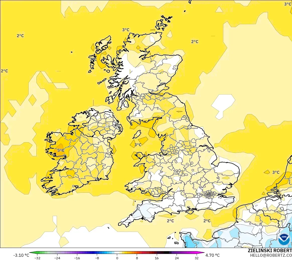 GFS modelo - Reino Unido, Anomalía de temperatura a 2 m