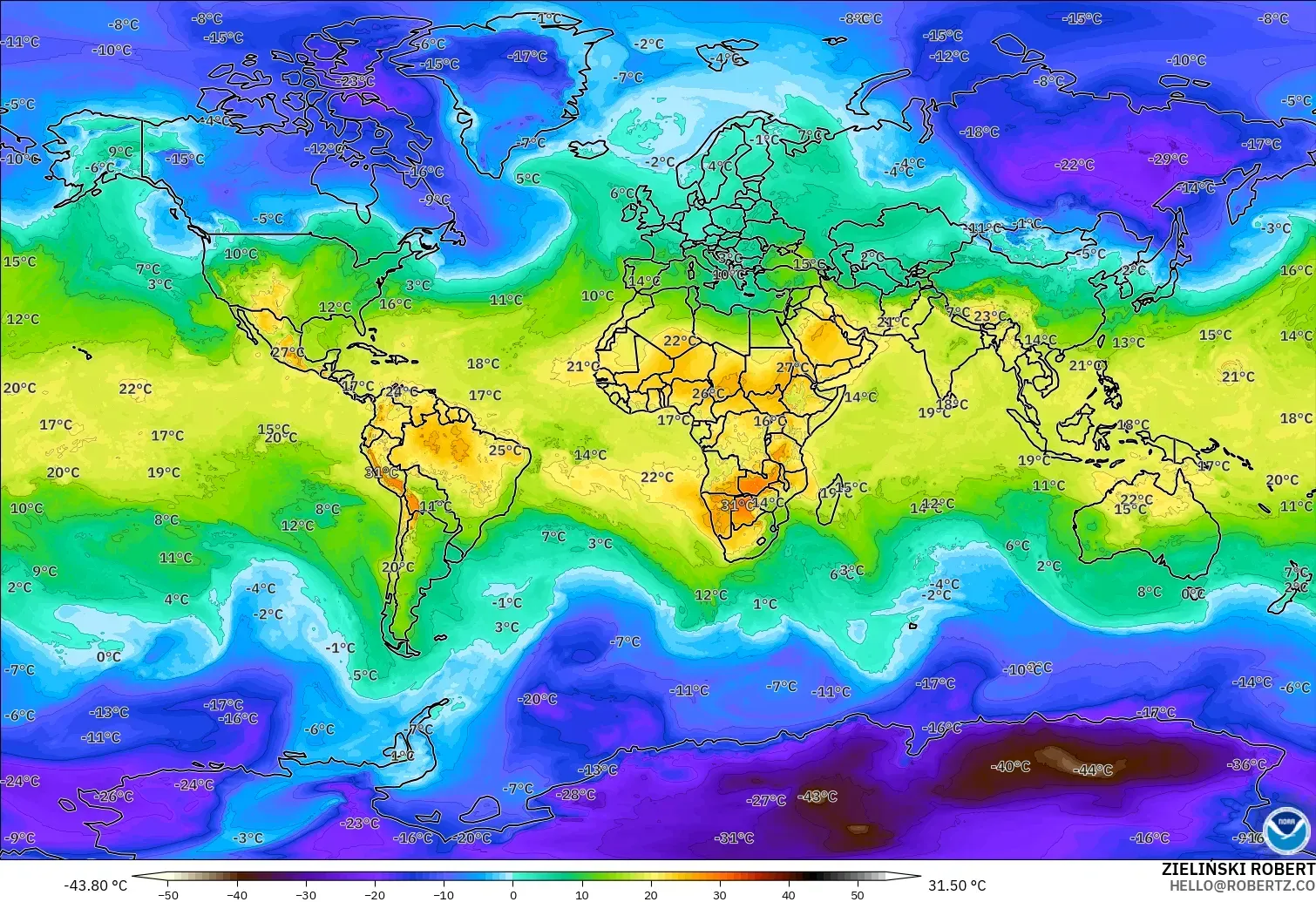 GFS modelo - Mundo, Temperatura a 850 hPa