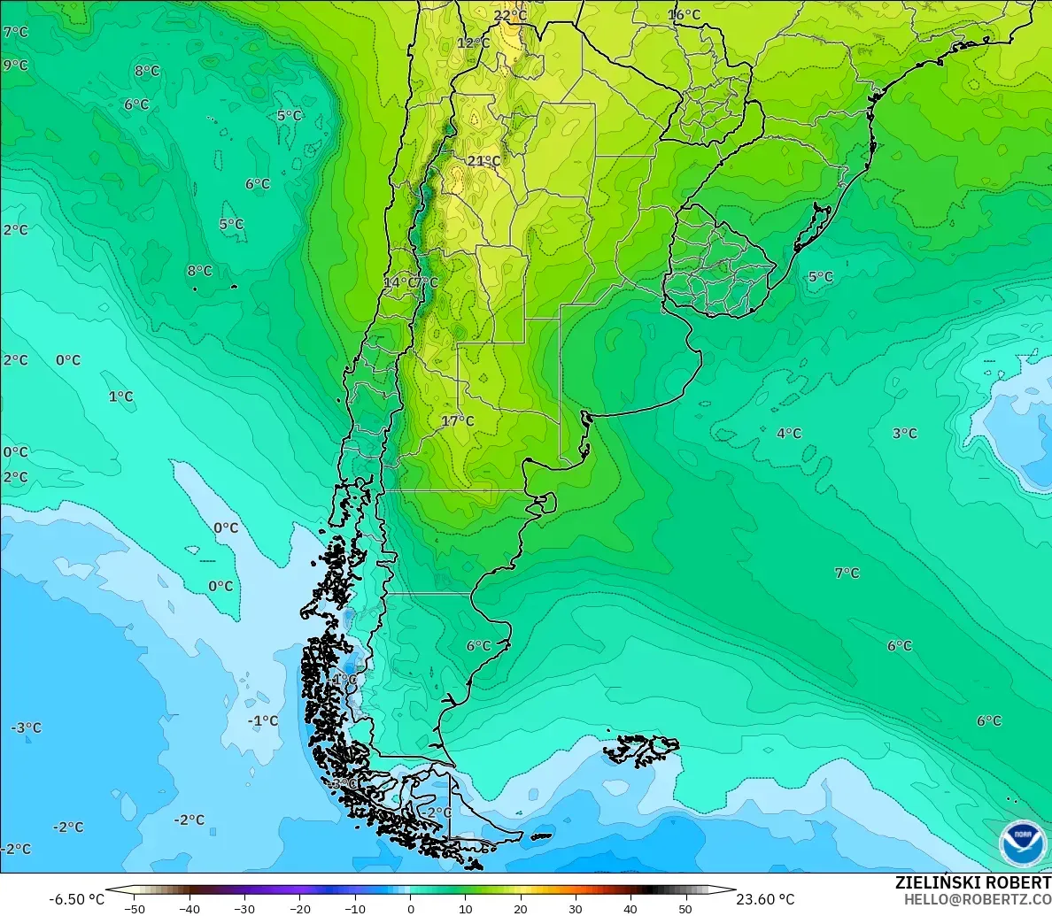 GFS modelo - Argentina, Temperatura a 850 hPa
