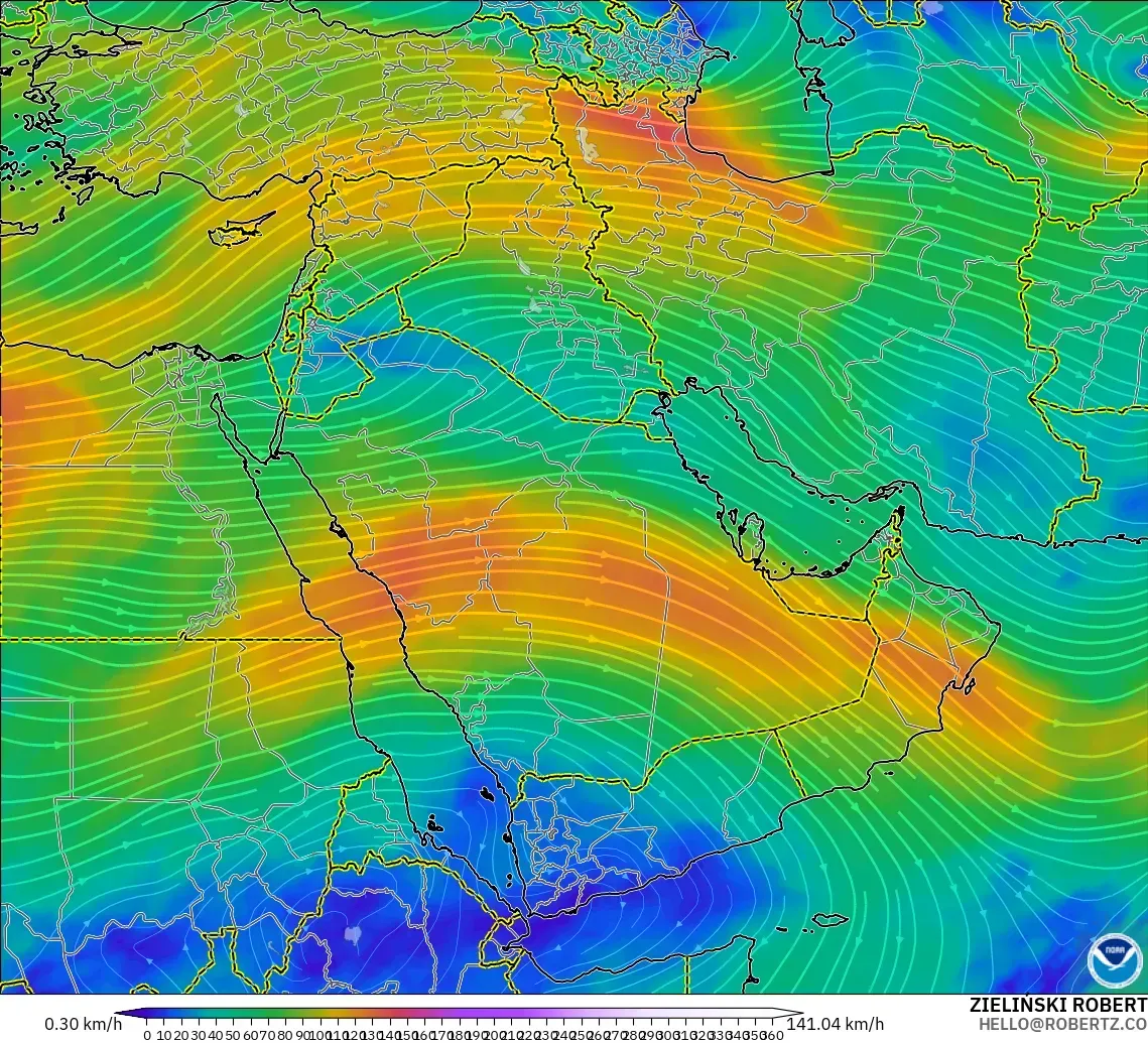 GFS modelo - Oriente Medio, Viento a 300 hPa (corriente en chorro)