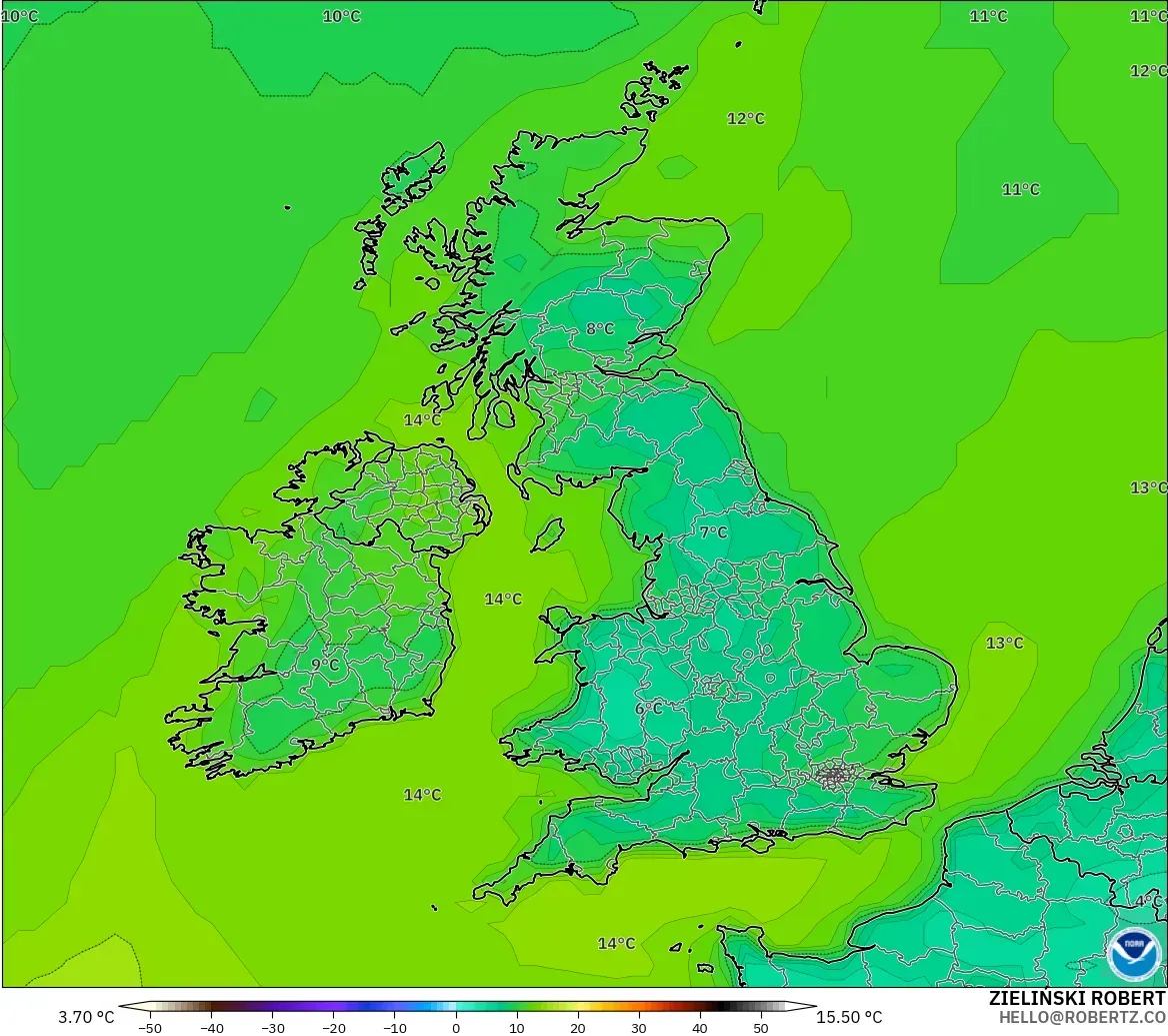 GFS modelo - Reino Unido, Temperatura a 2 m