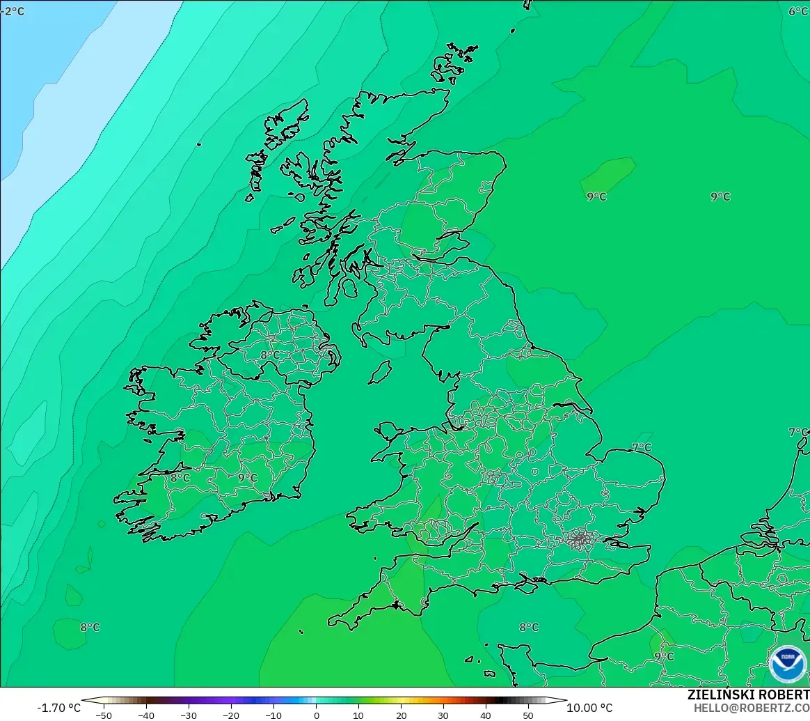 GFS modelo - Reino Unido, Temperatura a 850 hPa