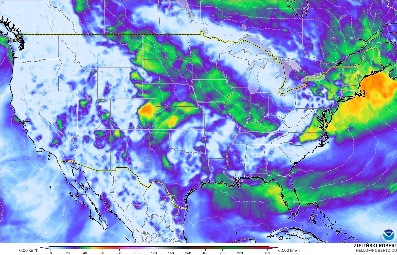 GFS modelo - Estados Unidos, Ráfagas de viento
