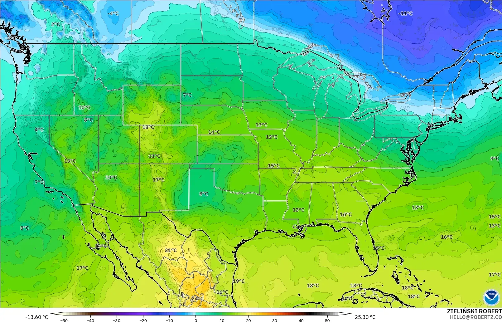 GFS modelo - Estados Unidos, Temperatura a 850 hPa