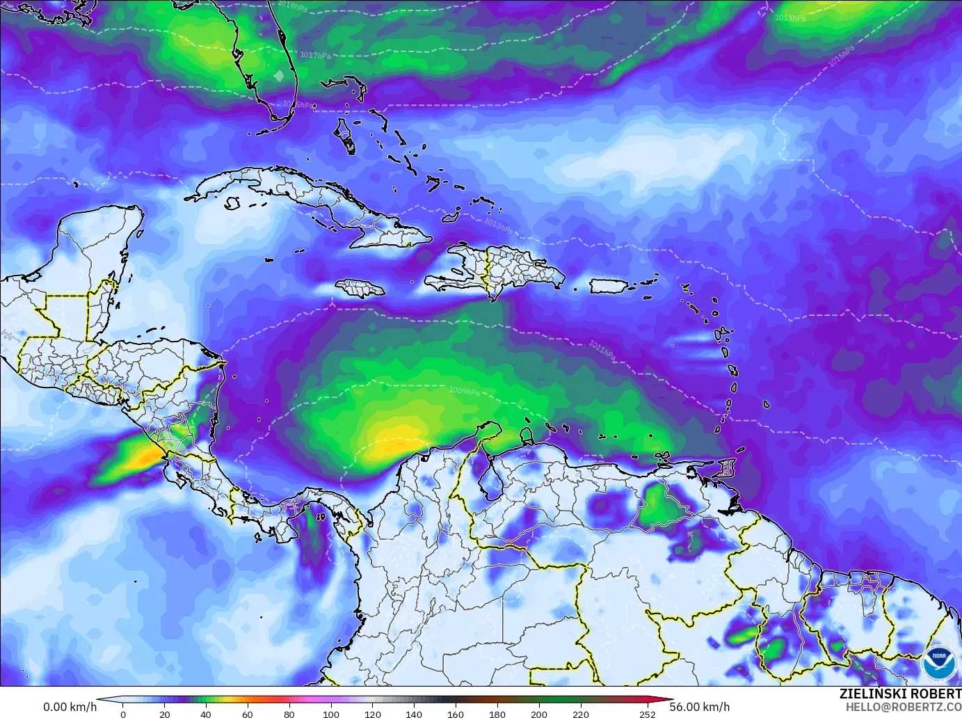 GFS modelo - Caribe, Ráfagas de Viento Máximas