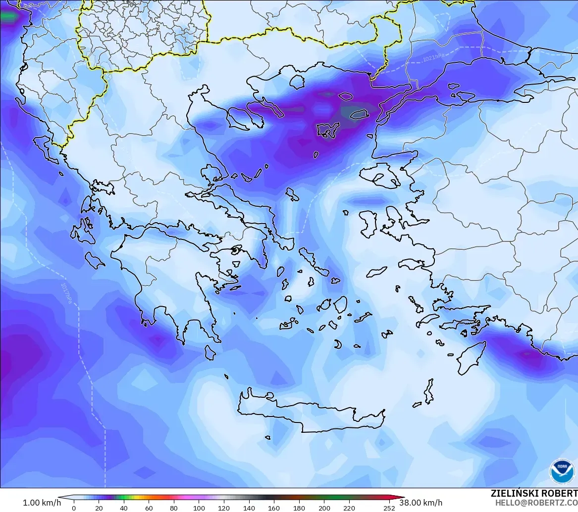 GFS modelo - Grecia, Ráfagas de viento