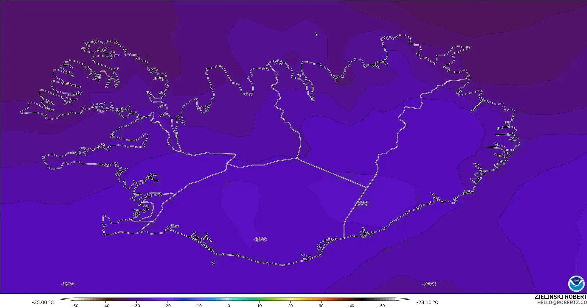 GFS modelo - Islandia, Temperatura a 500 hPa