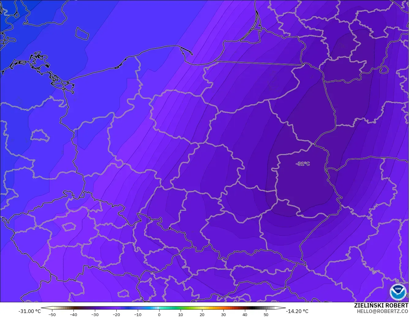 GFS modelo - Polonia, Temperatura a 500 hPa