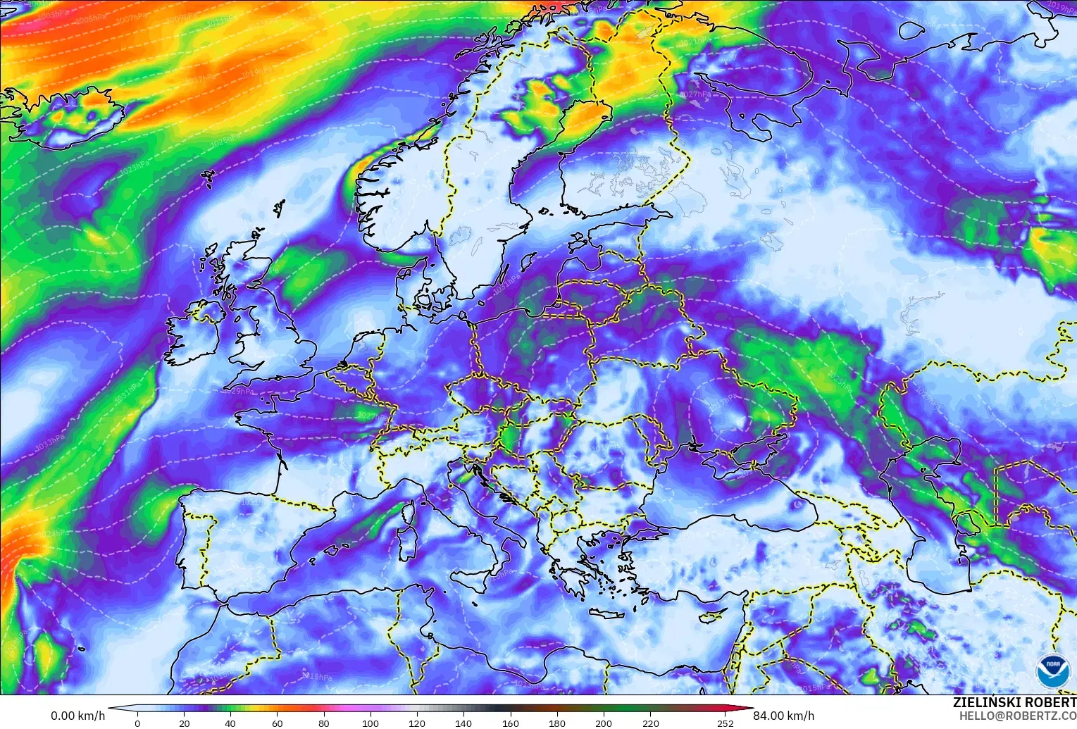 GFS modelo - Europa, Ráfagas de viento