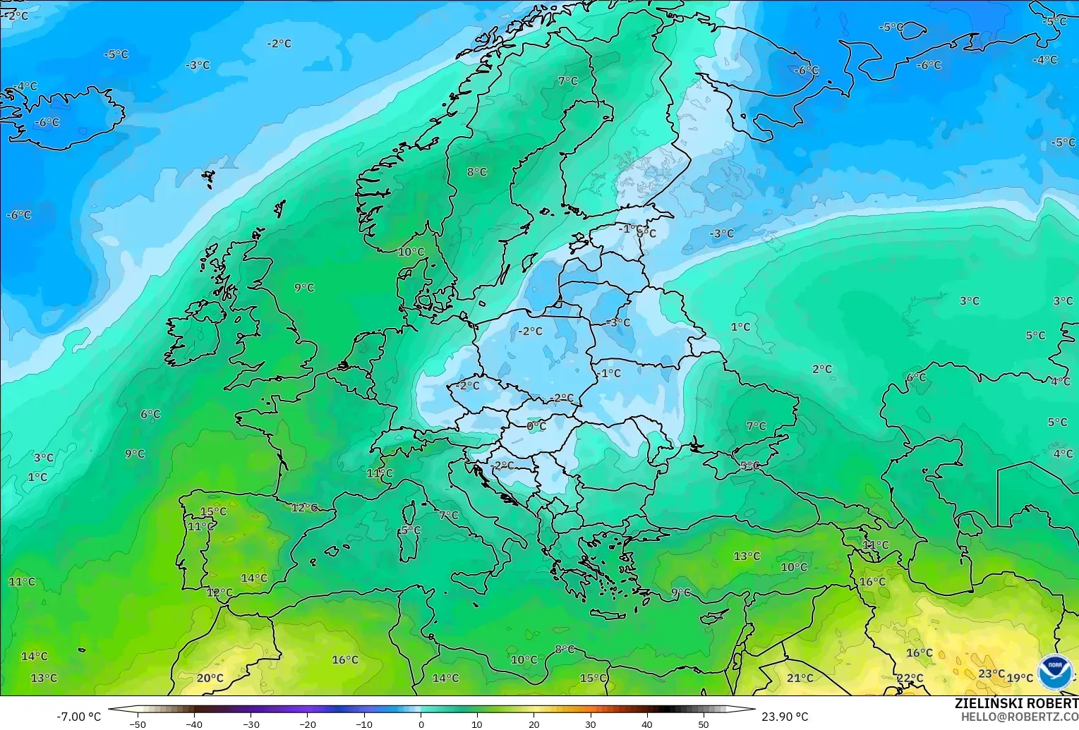 GFS modelo - Europa, Temperatura a 850 hPa