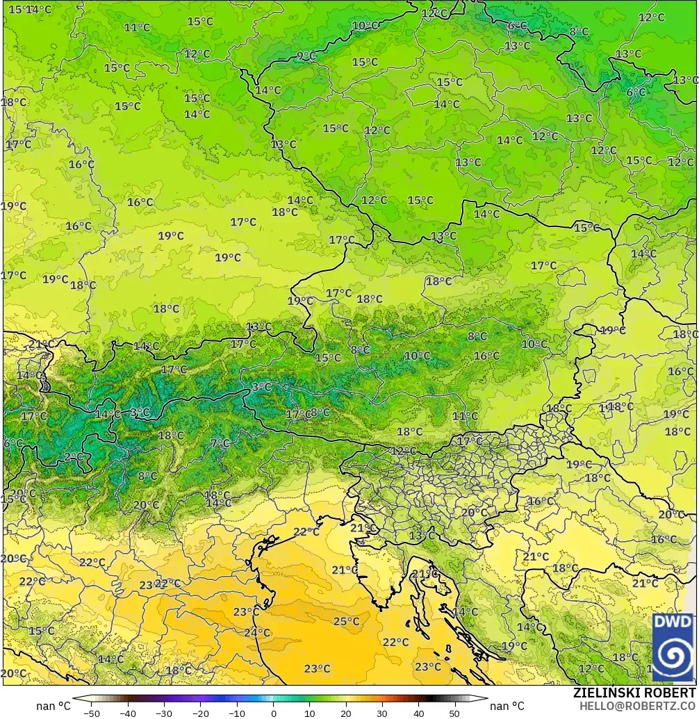 ICON Alemania 2 km modelo - Austria, Temperatura a 850 hPa