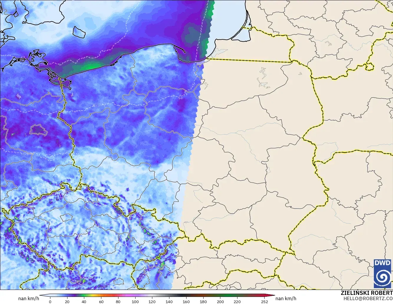 ICON Alemania 2 km modelo - Polonia, Ráfagas de viento