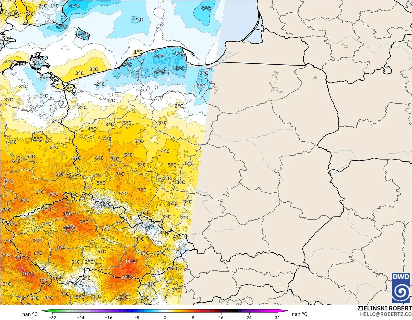 ICON Alemania 2 km modelo - Polonia, Anomalía de temperatura a 2 m