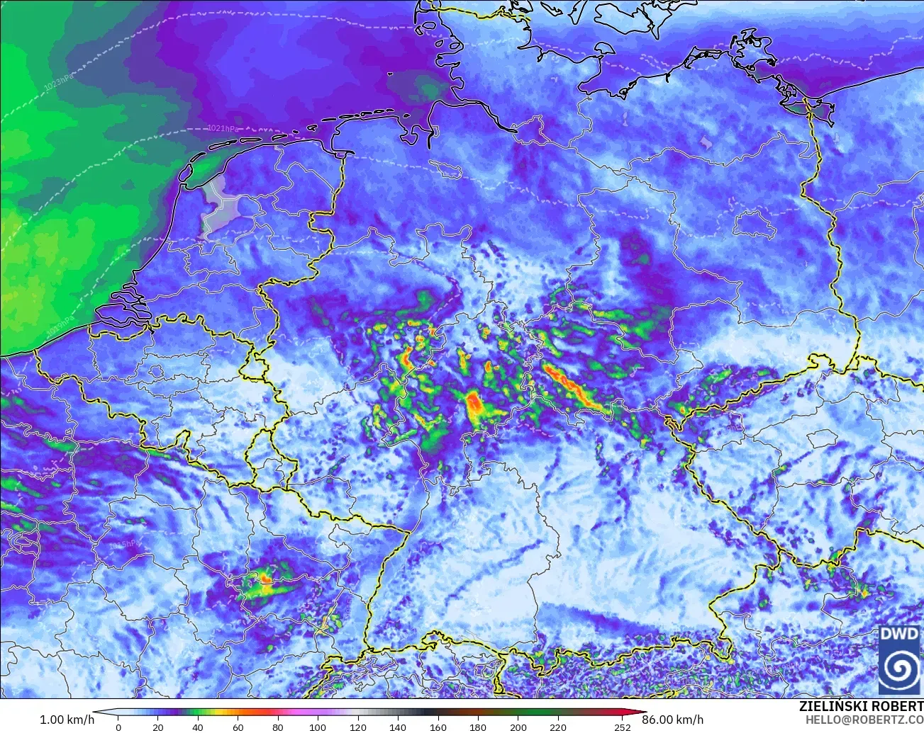 ICON Alemania 2 km modelo - Alemania, Ráfagas de Viento Máximas