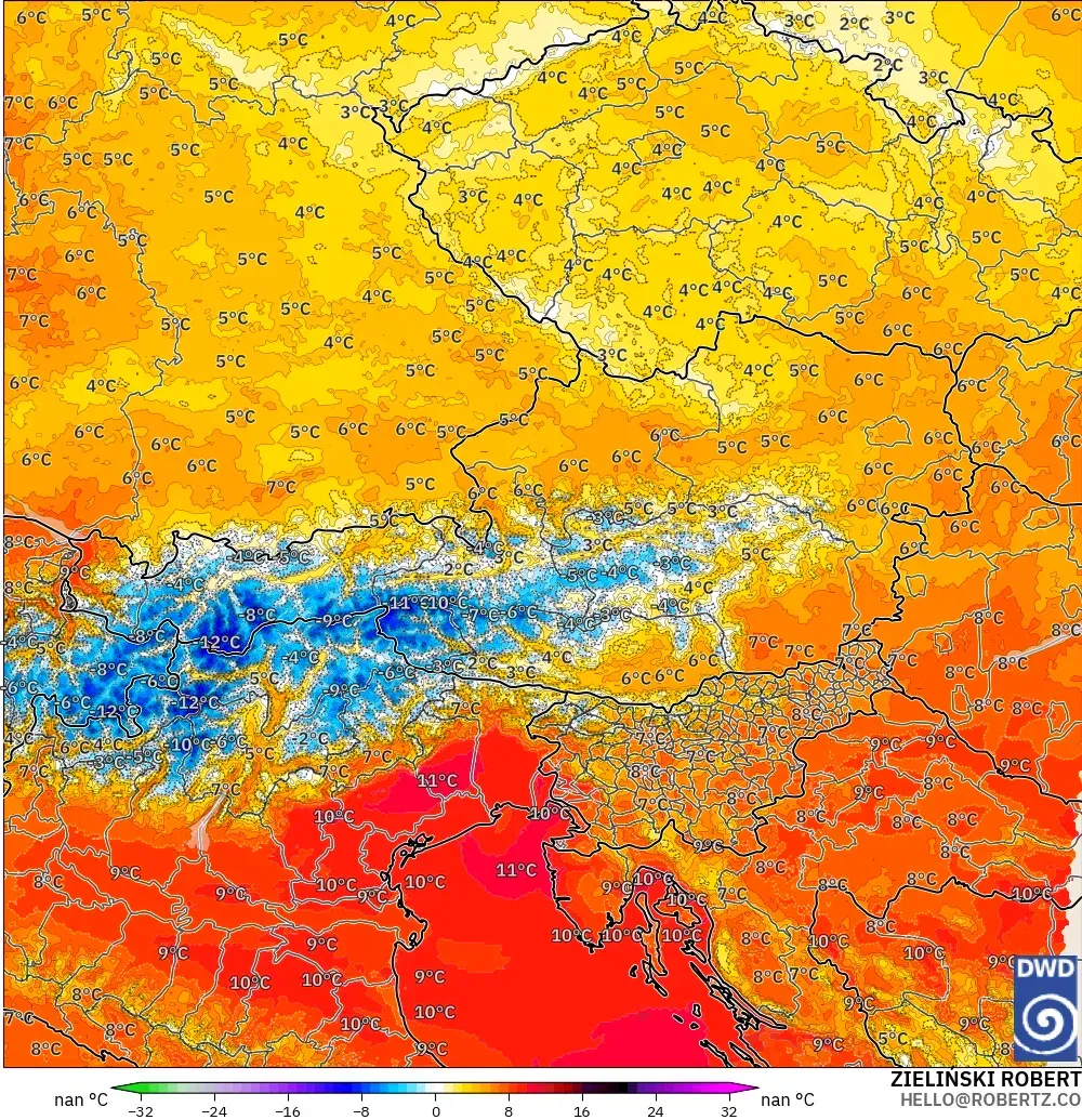 ICON Alemania 2 km modelo - Austria, Anomalía de temperatura a 850 hPa
