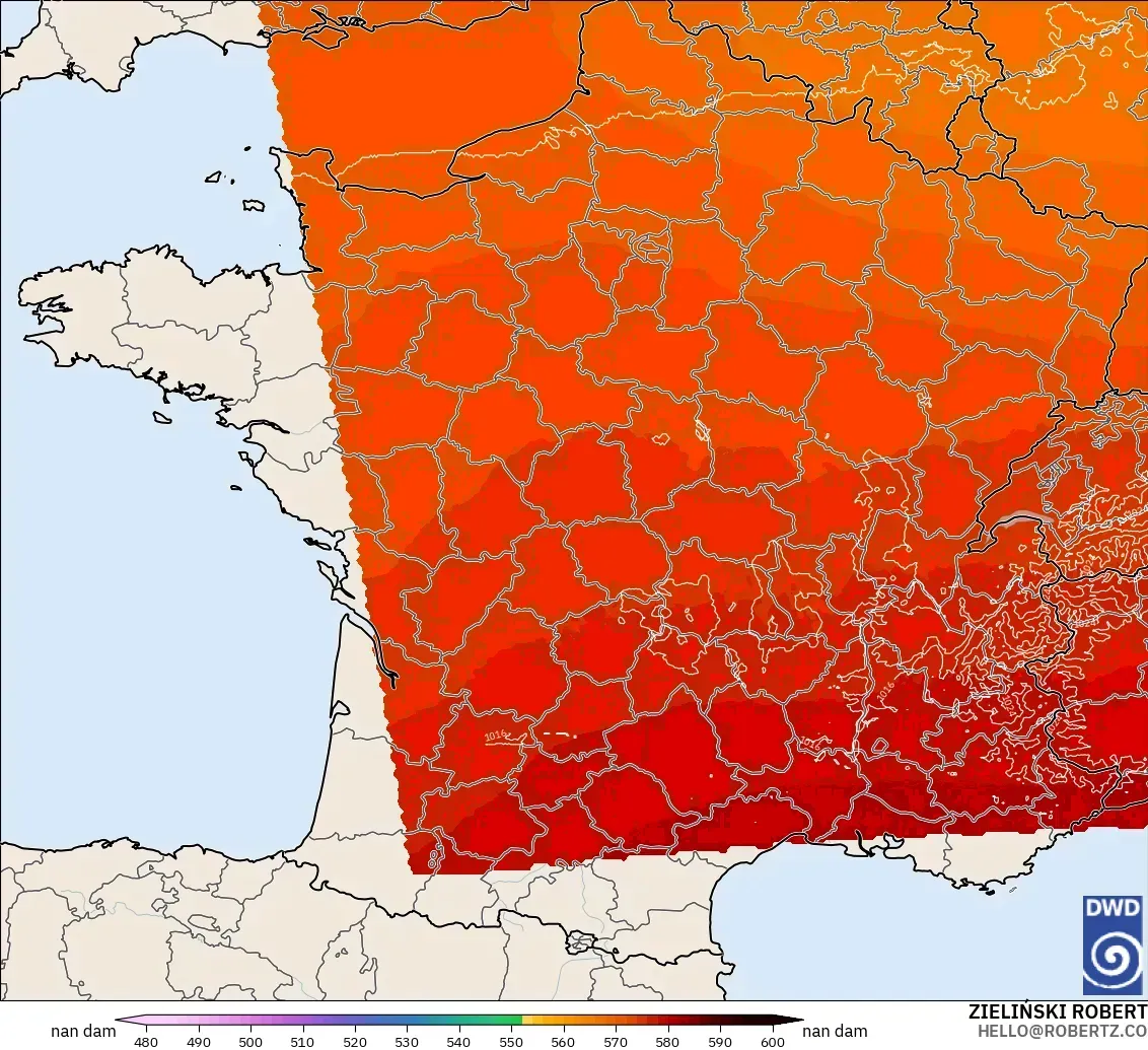 ICON Alemania 2 km modelo - Francia, Altura geopotencial a 500 hPa