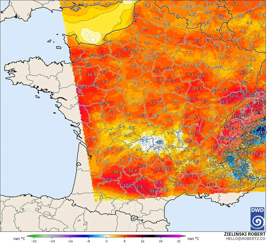 ICON Alemania 2 km modelo - Francia, Anomalía de temperatura a 2 m