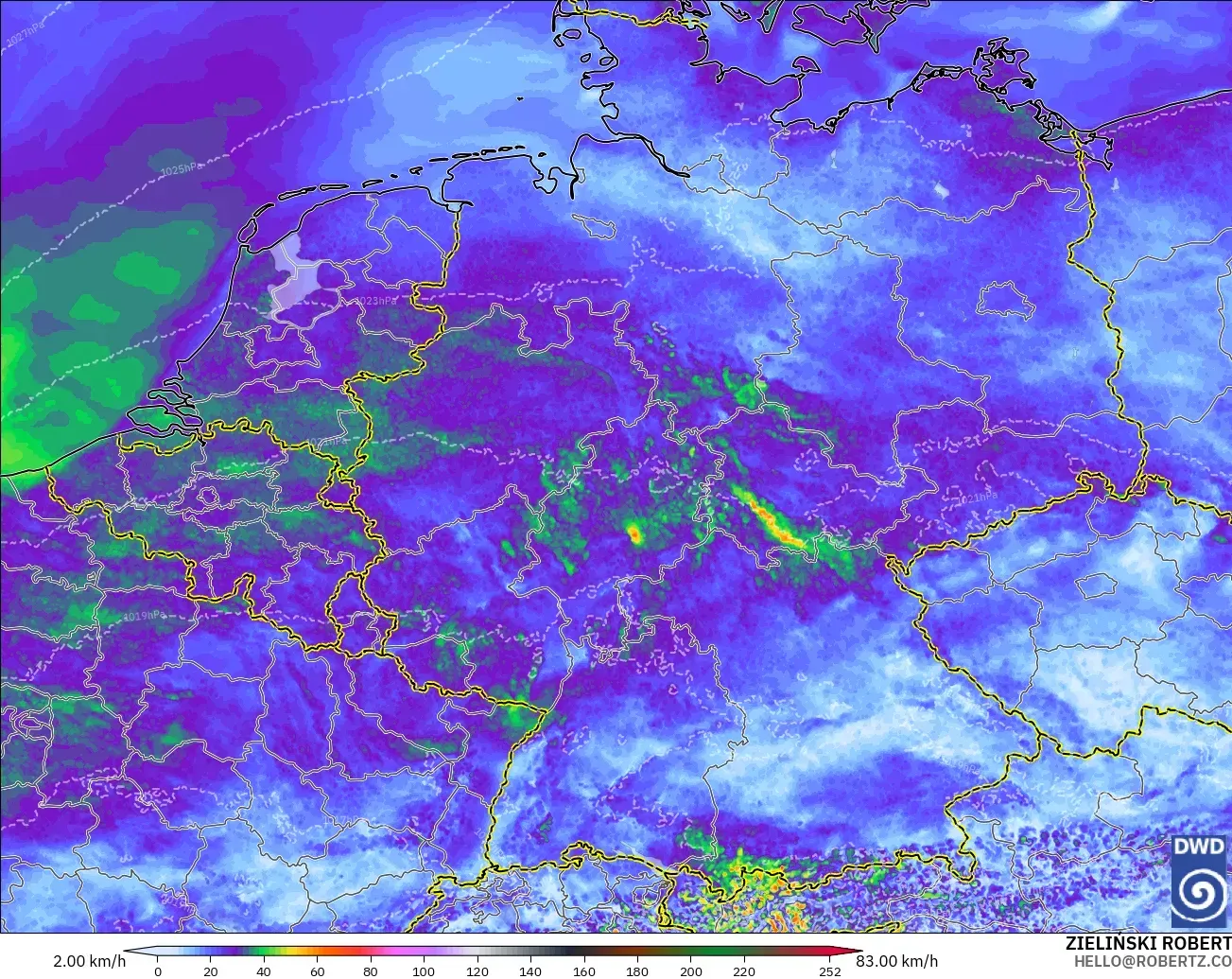 ICON Alemania 2 km modelo - Alemania, Ráfagas de viento