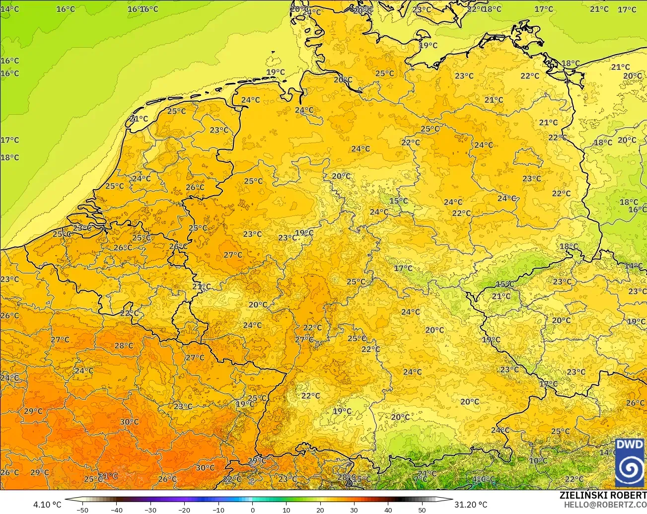 ICON Alemania 2 km modelo - Alemania, Temperatura a 2 m