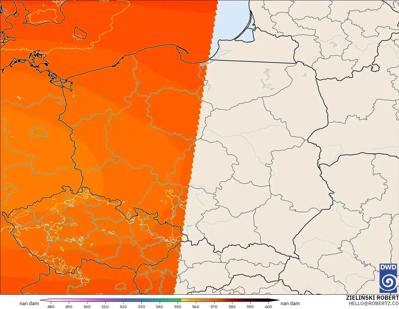 ICON Alemania 2 km modelo - Polonia, Altura geopotencial a 500 hPa