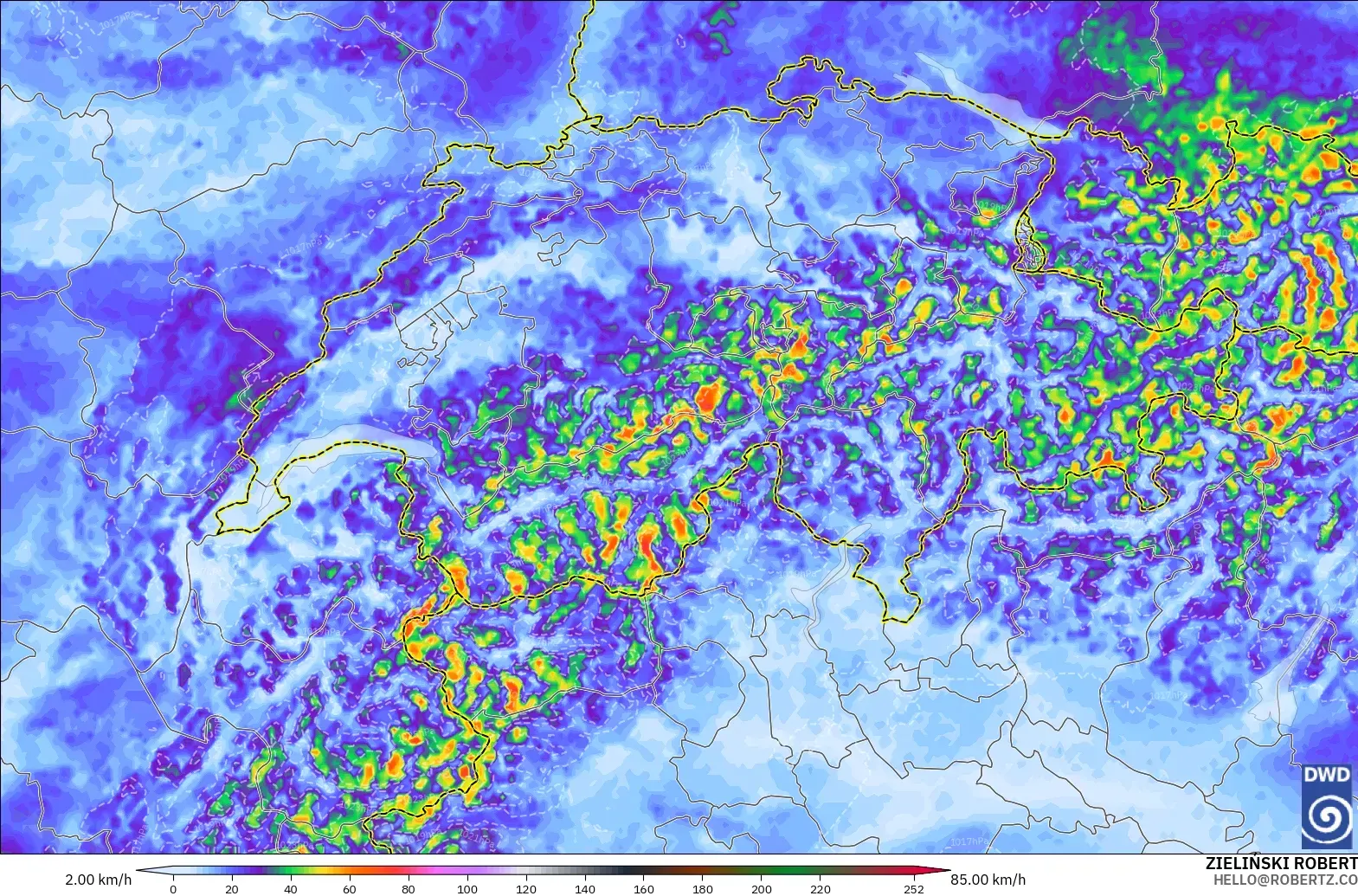 ICON Alemania 2 km modelo - Suiza, Ráfagas de Viento Máximas