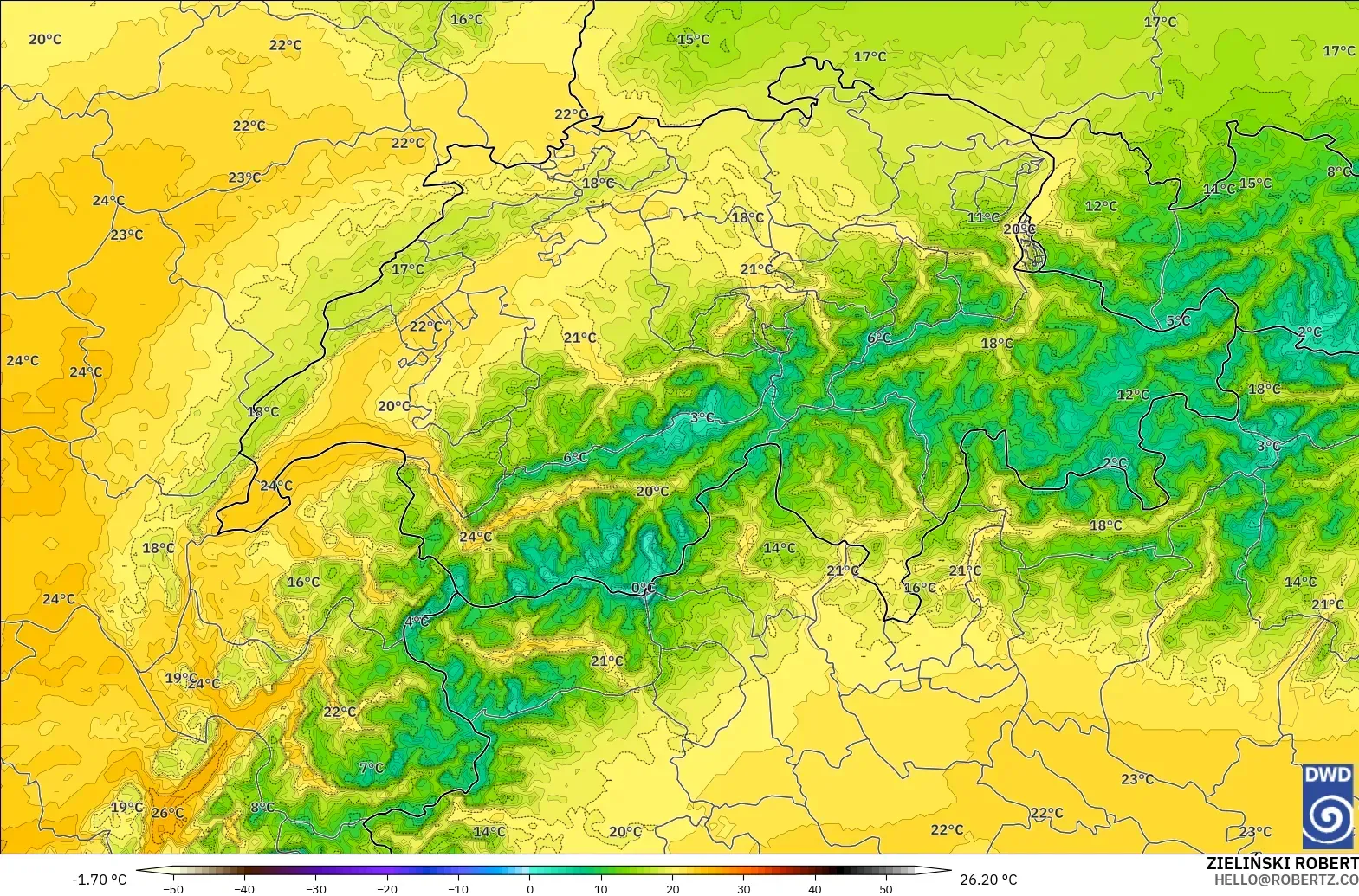 ICON Alemania 2 km modelo - Suiza, Temperatura a 850 hPa