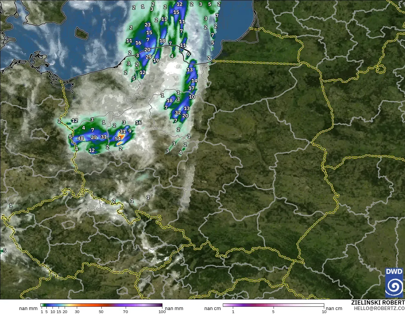 ICON Alemania 2 km modelo - Polonia, Precipitación, nubes y presión