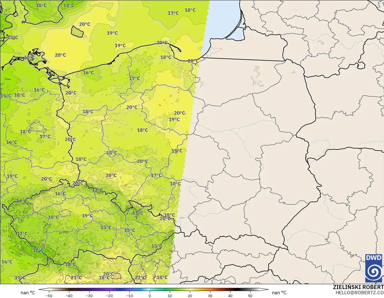 ICON Alemania 2 km modelo - Polonia, Temperatura a 2 m