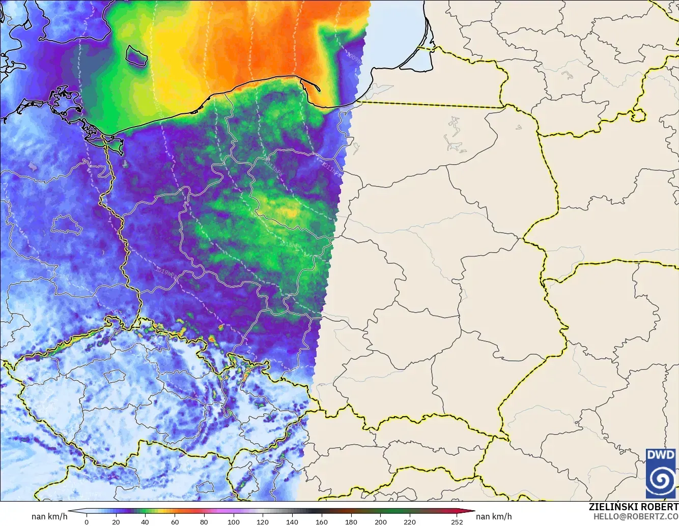 ICON Alemania 2 km modelo - Polonia, Ráfagas de Viento Máximas