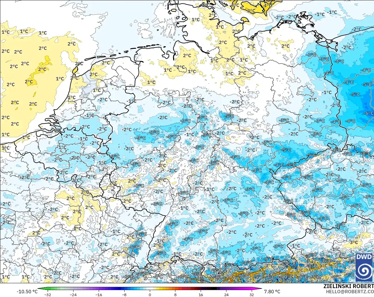 ICON Alemania 2 km modelo - Alemania, Anomalía de temperatura a 2 m