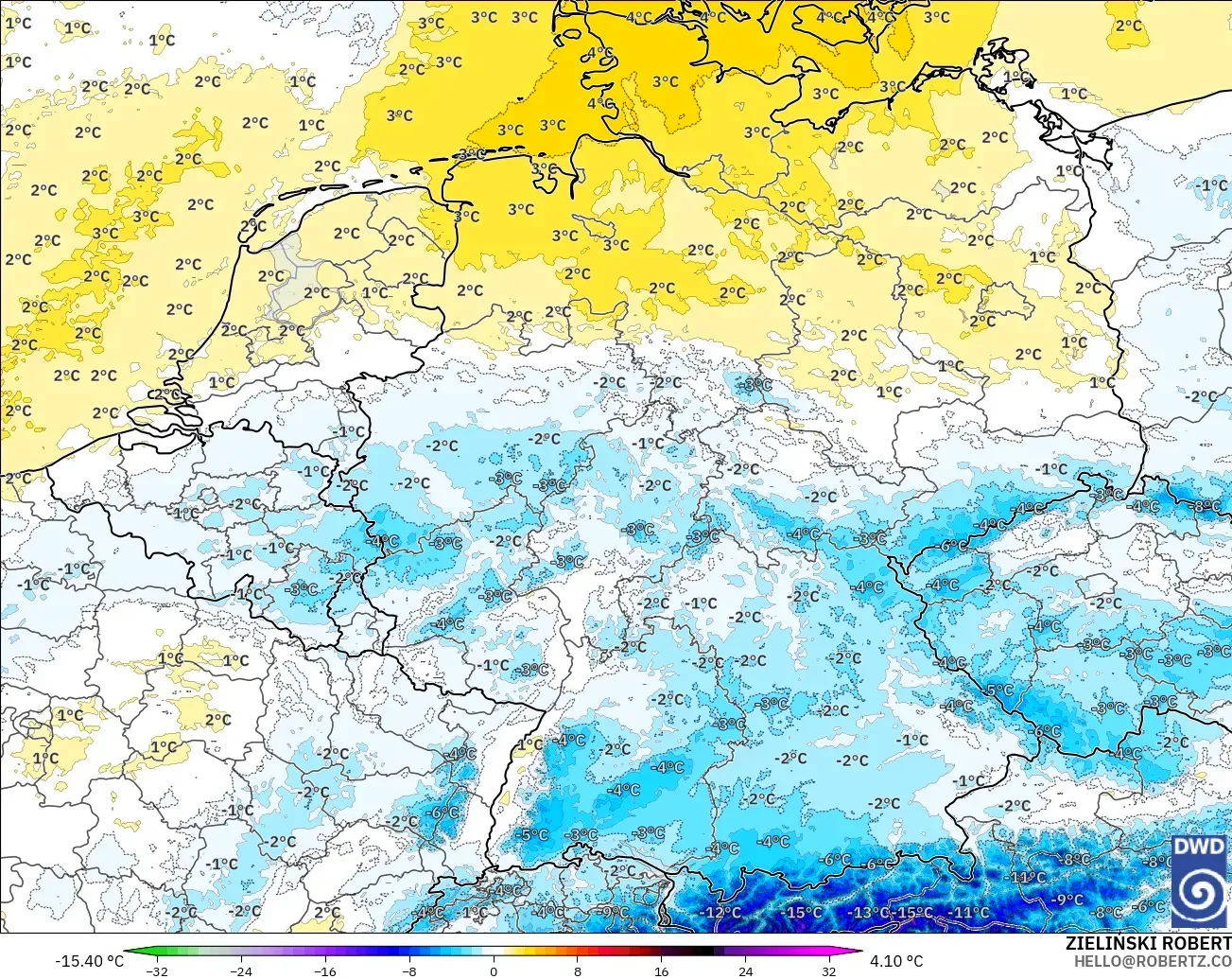 ICON Alemania 2 km modelo - Alemania, Anomalía de temperatura a 850 hPa