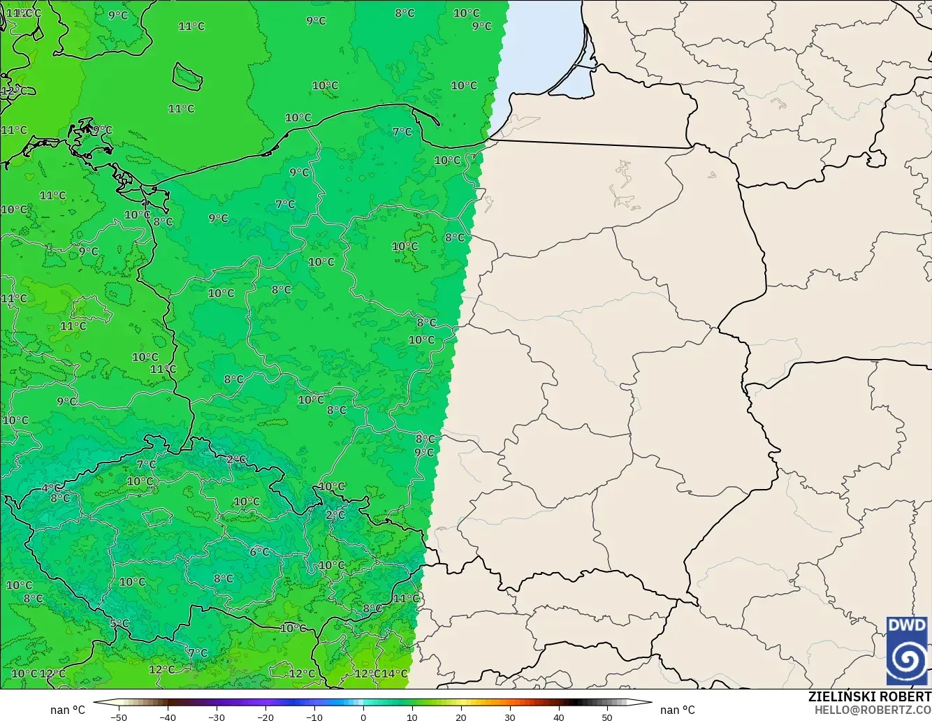 ICON Alemania 2 km modelo - Polonia, Temperatura a 850 hPa