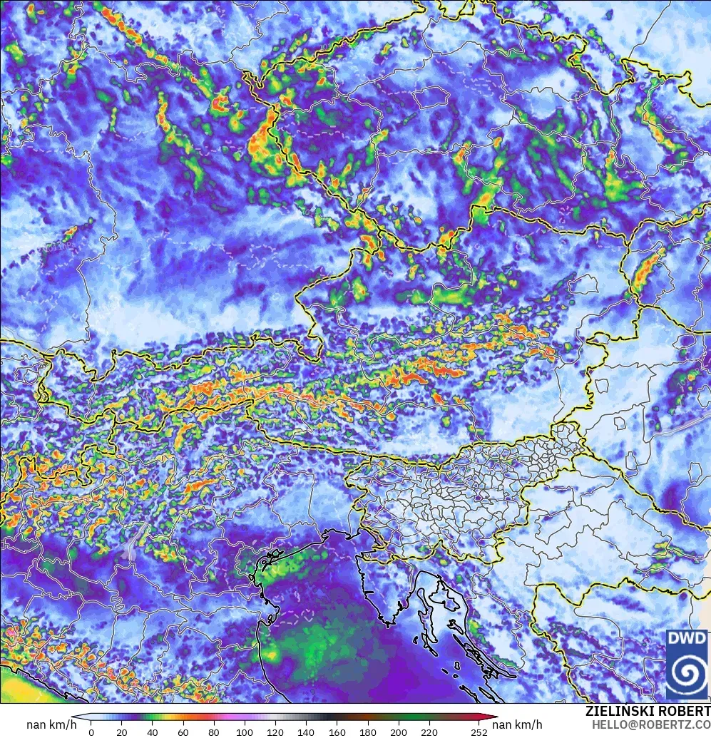ICON Alemania 2 km modelo - Austria, Ráfagas de Viento Máximas