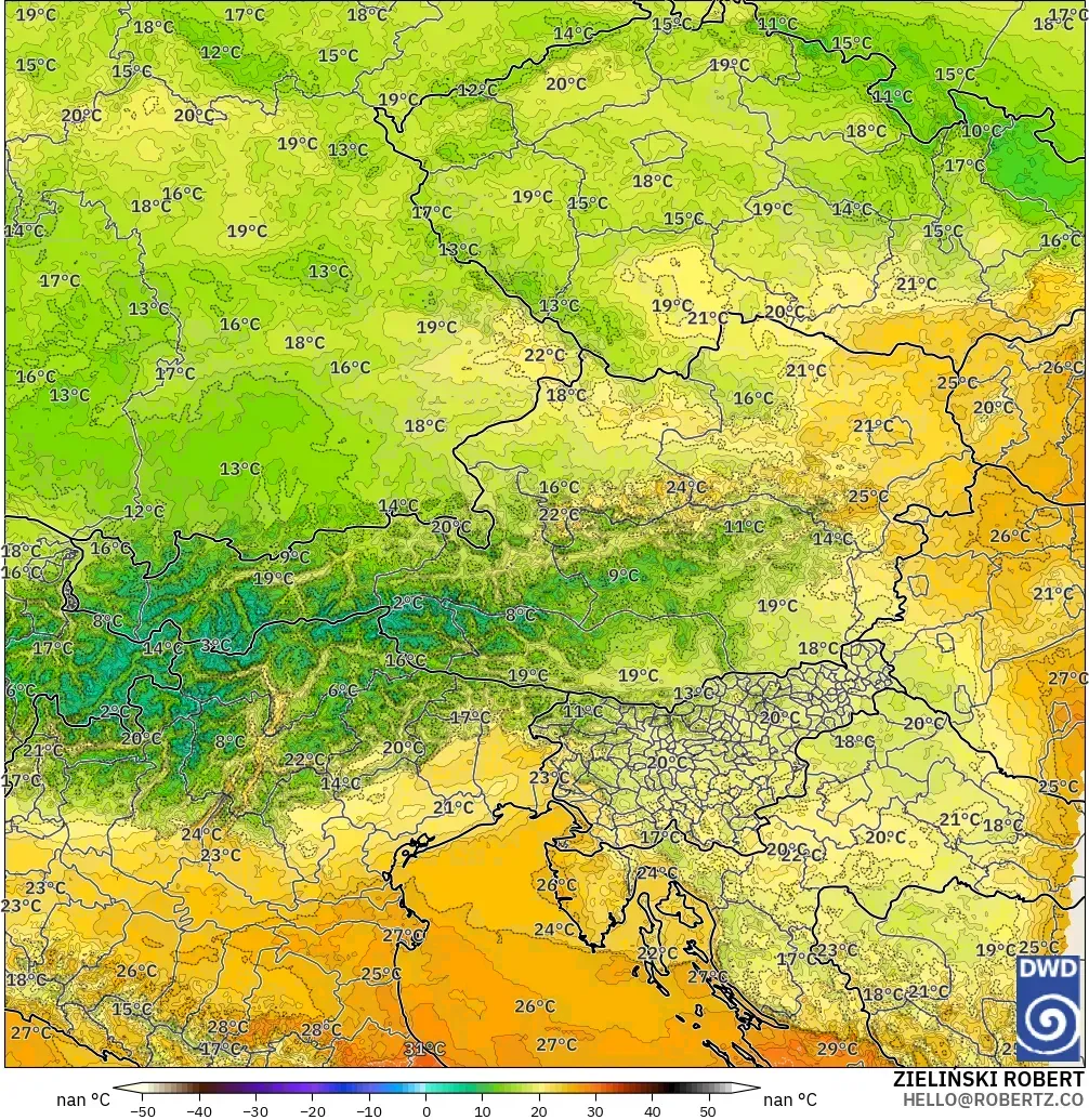 ICON Alemania 2 km modelo - Austria, Temperatura a 2 m