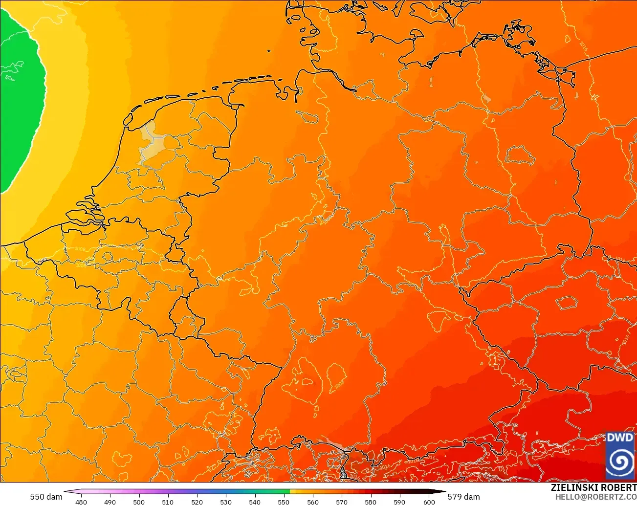 ICON Alemania 2 km modelo - Alemania, Altura geopotencial a 500 hPa